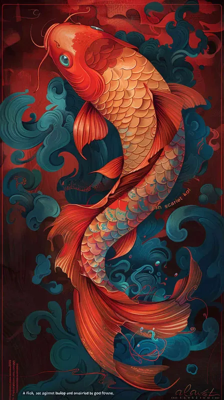 A red koi with a red background surrounded by blue auspicious clouds - style1部分