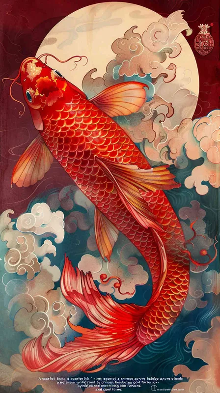 A red koi with a red background surrounded by blue auspicious clouds - style2部分