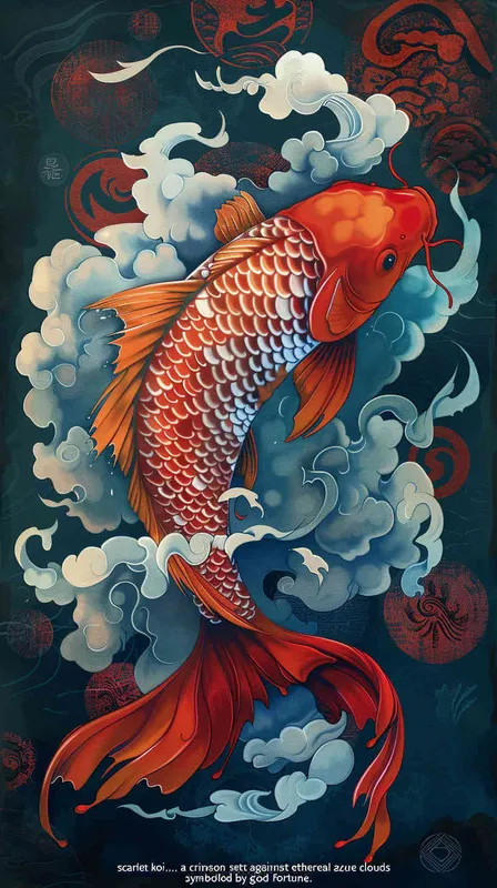 A red koi with a red background surrounded by blue auspicious clouds - style3部分