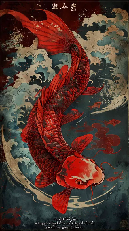 A red koi with a red background surrounded by blue auspicious clouds - style4部分