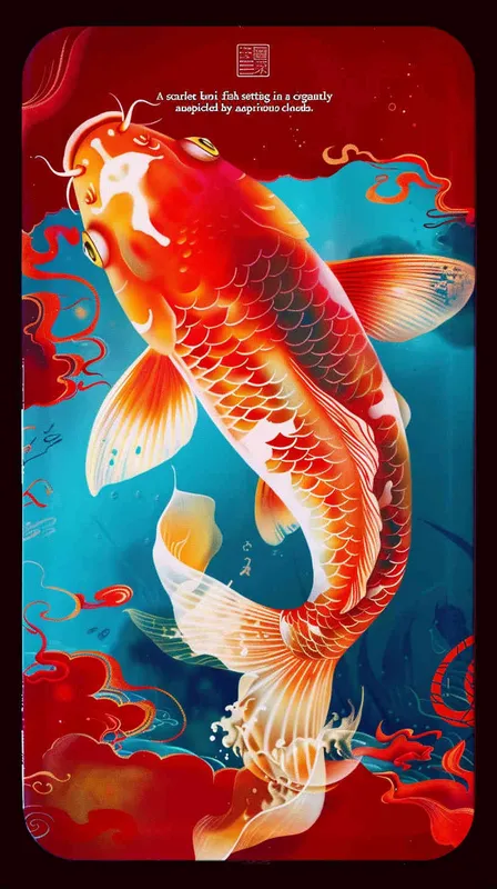 A red koi with a red background surrounded by blue auspicious clouds - style2部分