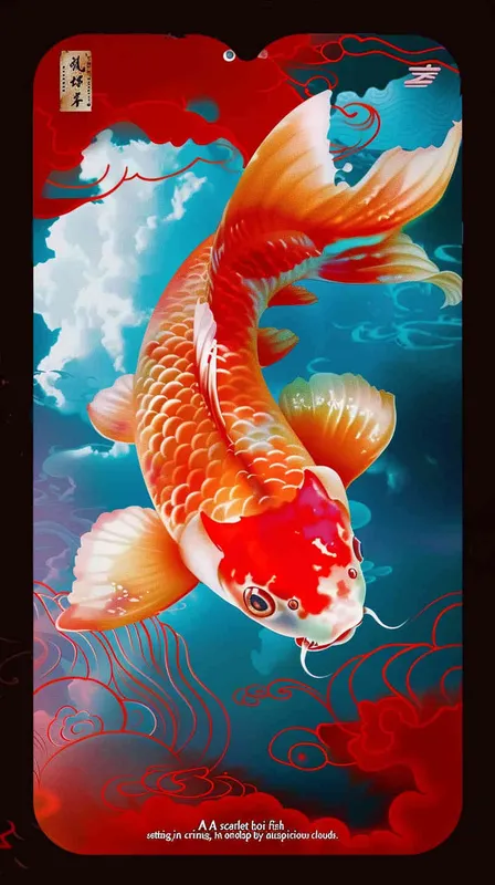 A red koi with a red background surrounded by blue auspicious clouds - style4部分
