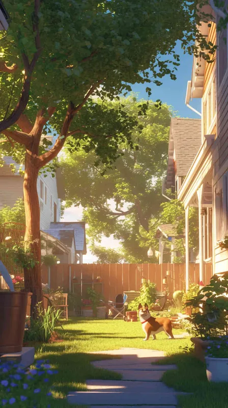A Pixar 3D rendering showing a dog stealthily infiltrating a backyard in a suburban neighborhood. Drawing inspiration from Pixar's animation style, the scene is rendered with crisp details and vibrant colors, capturing the dog's cautious expression as it surveys its surroundings. The color temperature is balanced, maintaining a sense of realism. Soft, diffused lighting adds depth to the scene --ar 9:16 --cref https://znrpa-s-1254076648.cos.accelerate.myqcloud.com/ai/thumb-mj-%5B33%5D-debbba5b-7.png --cw 100 --niji 6 - style1部分