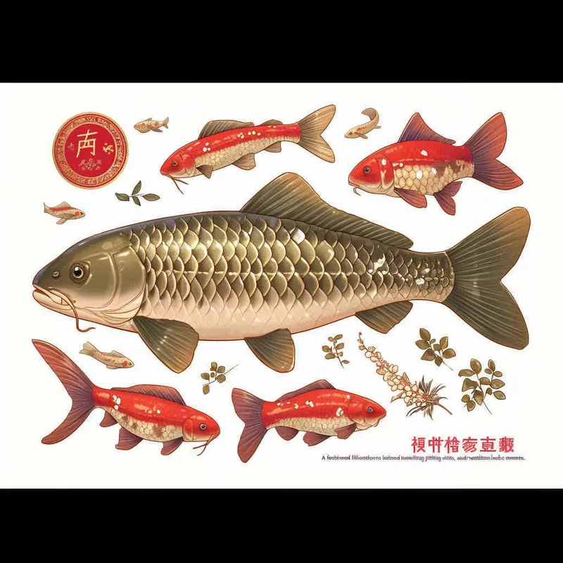 一张过年，喜庆红色平面插画，有锦鲤，状元帽，元素 - style3部分
