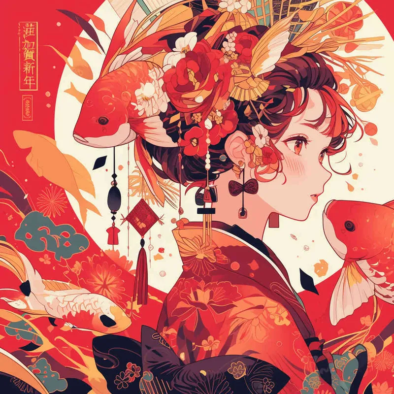 一张过年，喜庆红色平面插画，有锦鲤，状元帽，不要体积，不要阴影 - style1部分