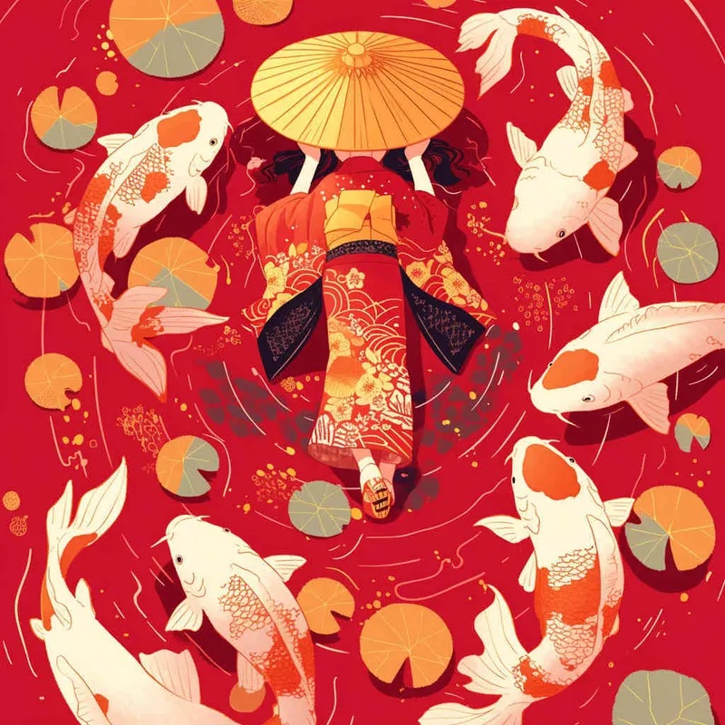 一张过年，喜庆红色平面插画，有锦鲤，状元帽，不要体积，不要阴影 - style4部分