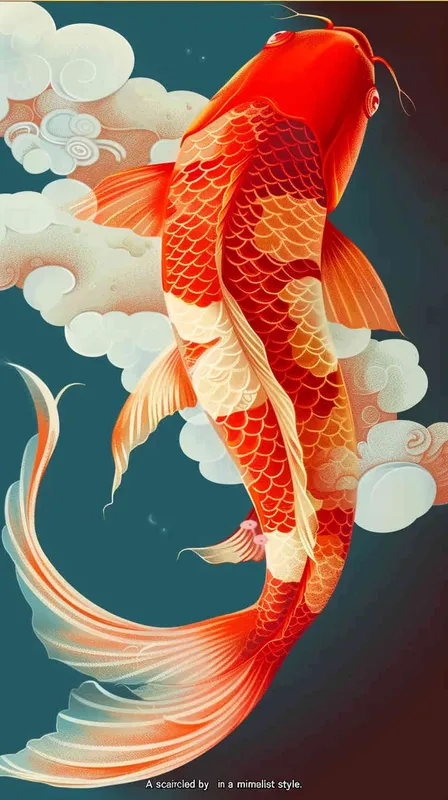 A red koi, surrounded by auspicious clouds, with a flat illustration - style2部分