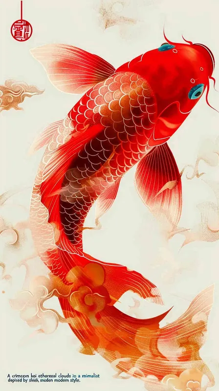 A red koi, surrounded by auspicious clouds, with flat illustrations and a flat style - style3部分