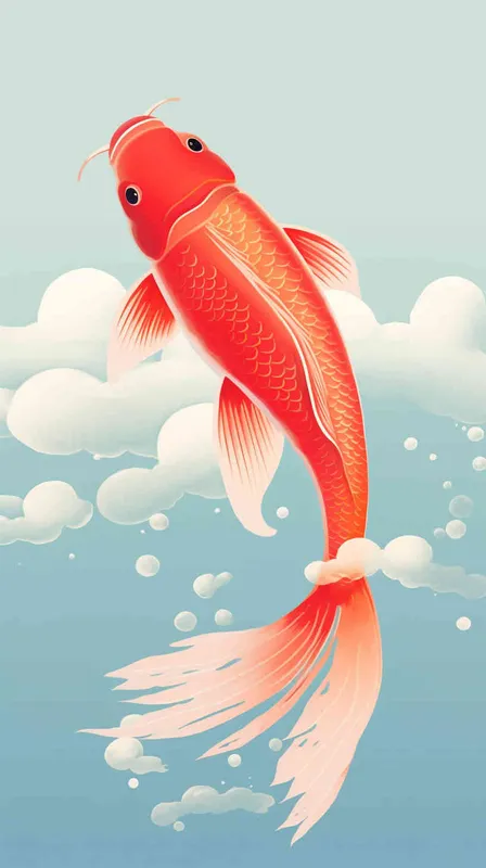 A red koi, surrounded by auspicious clouds, with flat illustrations and a flat style - style3部分