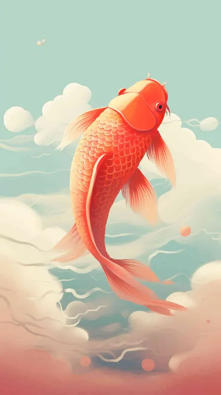 A red koi, surrounded by auspicious clouds, with flat illustrations and a flat style - style4部分