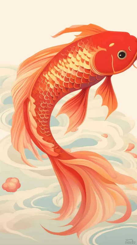 A red koi ，surrounded by auspicious clouds， red background, flat illustration, flat style - style2部分