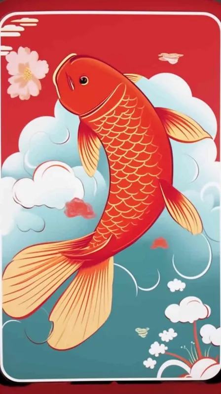 A red koi ，surrounded by auspicious clouds， red background, flat illustration, flat style - AI绘画作品展示 | Midjourney中文版生成