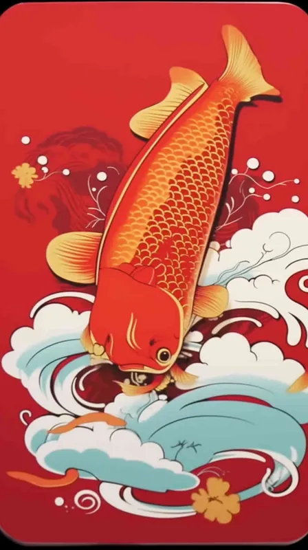 A red koi ，surrounded by auspicious clouds， red background, flat illustration, flat style - style3部分