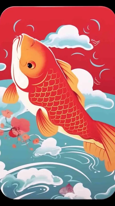 A red koi ，surrounded by auspicious clouds， red background, flat illustration, flat style - style4部分