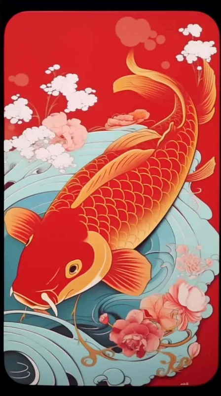 A red koi with a red background, flat illustration, flat style, meticulous painting - AI绘画作品展示 | Midjourney中文版生成