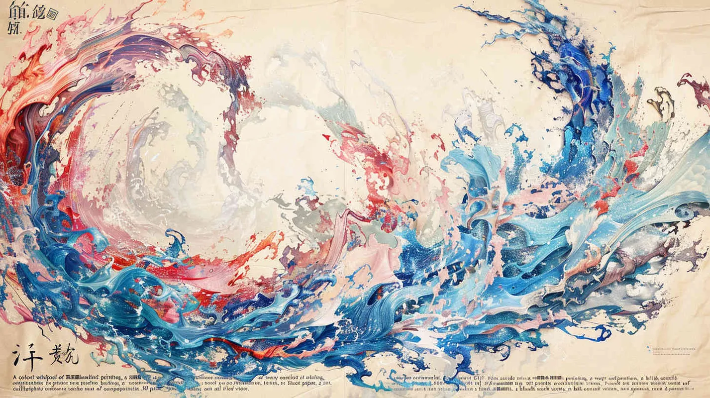 一个多彩的漩涡Chinese minimalist painting 中国古代极简主义绘画 wavy seaside composed of 30 pieces of calligraphy scroll rice paper书法卷轴组成的海浪 blank composition空白的文章 erial view 俯视图  - style1部分