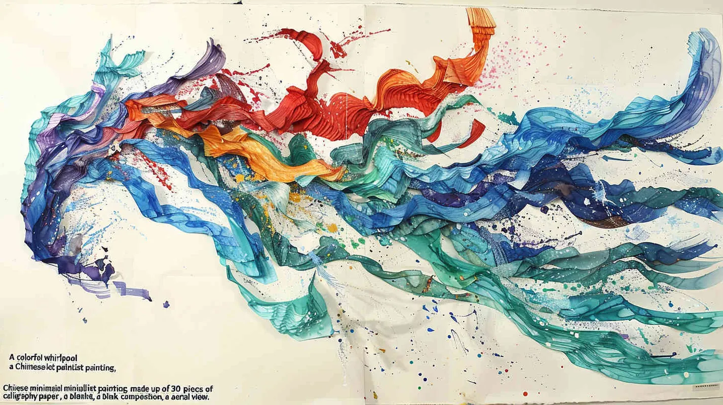 一个多彩的漩涡Chinese minimalist painting 中国古代极简主义绘画 wavy seaside composed of 30 pieces of calligraphy scroll rice paper书法卷轴组成的海浪 blank composition空白的文章 erial view 俯视图  - style2部分
