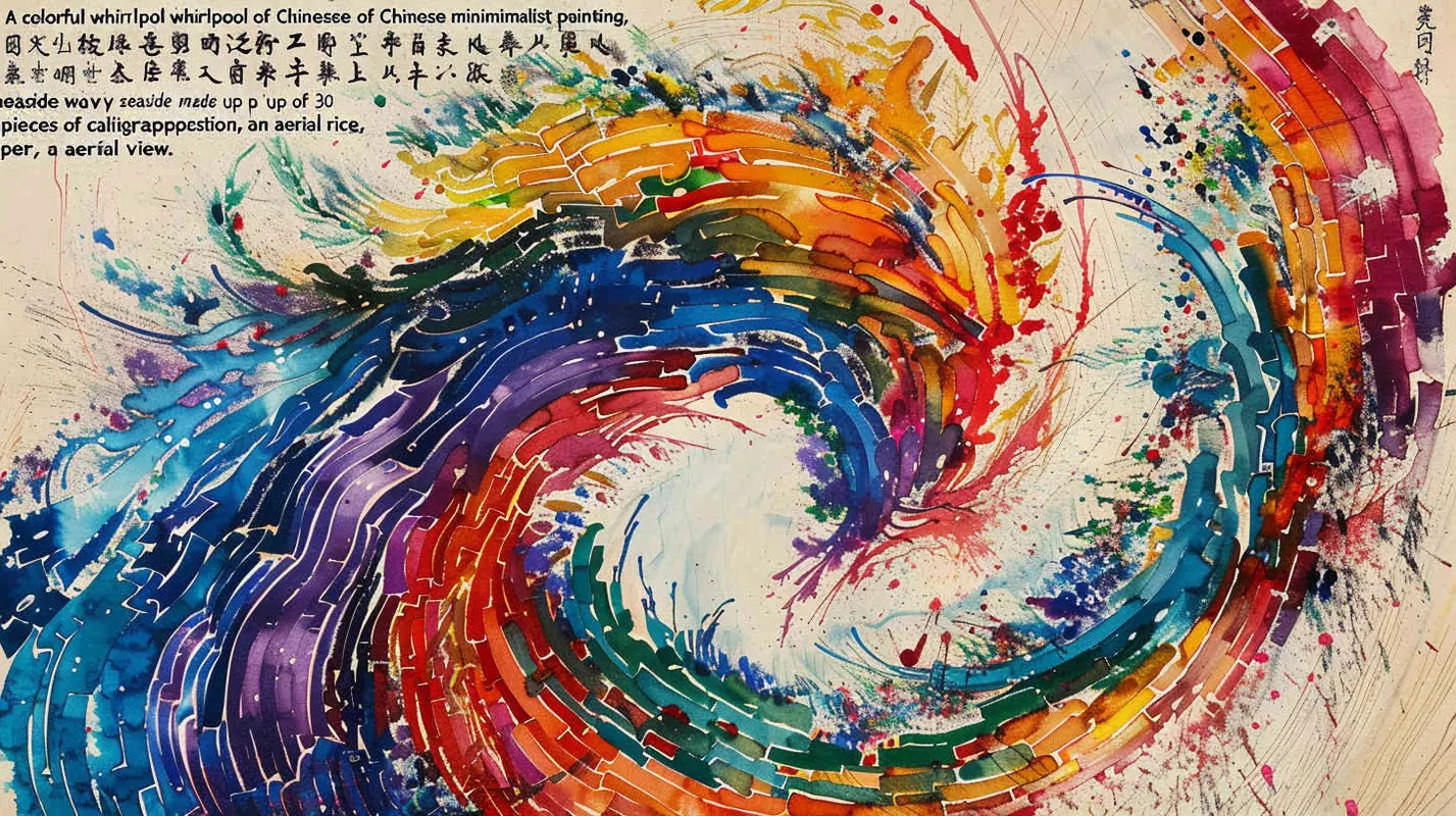 一个多彩的漩涡Chinese minimalist painting 中国古代极简主义绘画 wavy seaside composed of 30 pieces of calligraphy scroll rice paper书法卷轴组成的海浪 blank composition空白的文章 erial view 俯视图  - style3部分