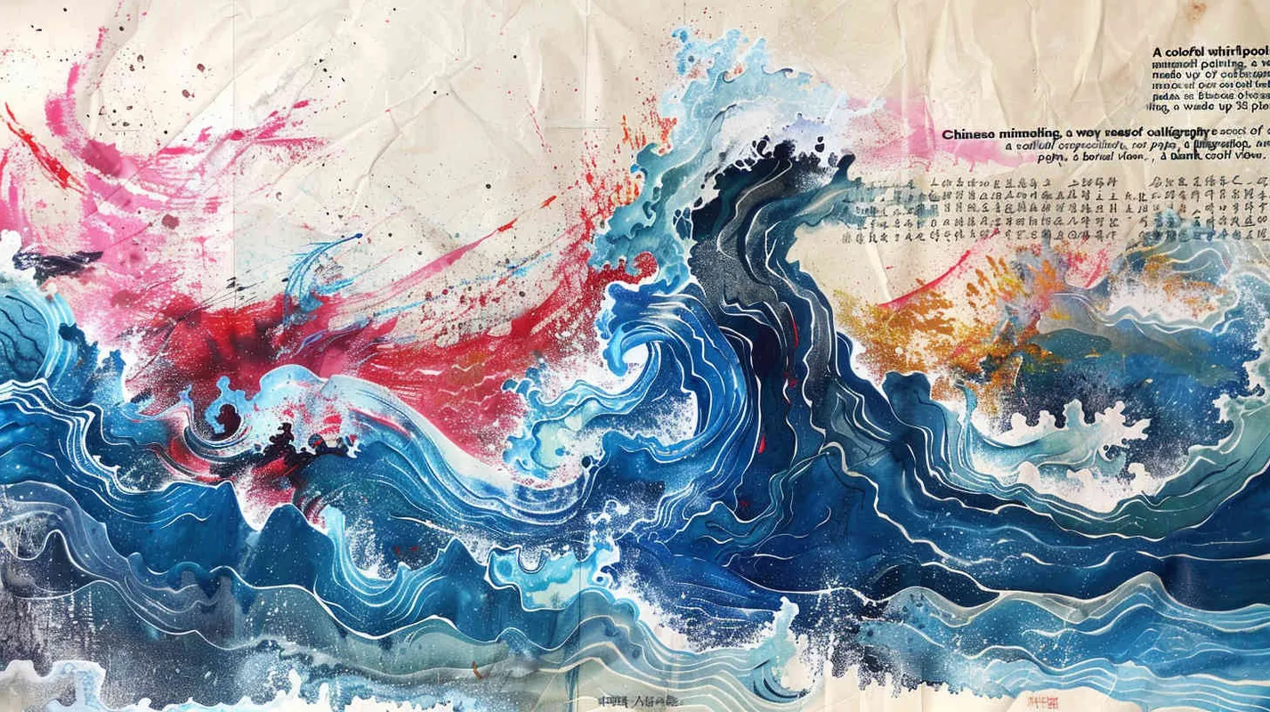 一个多彩的漩涡Chinese minimalist painting 中国古代极简主义绘画 wavy seaside composed of 30 pieces of calligraphy scroll rice paper书法卷轴组成的海浪 blank composition空白的文章 erial view 俯视图  - style4部分