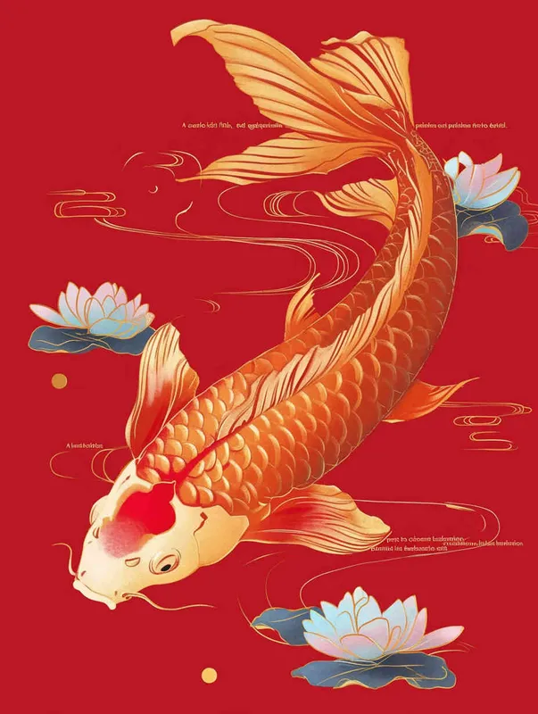 A red koi, with a red background, flat illustration, flat style, meticulous painting - style2部分