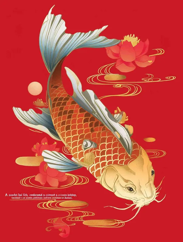 A red koi, with a red background, flat illustration, flat style, meticulous painting - style4部分