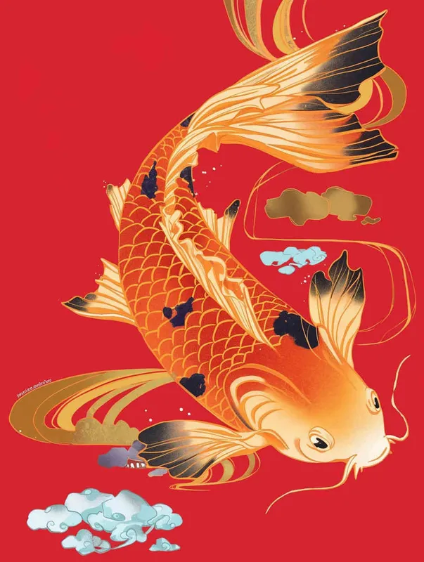 A red koi, with a red background, flat illustration, flat style, meticulous painting - style1部分