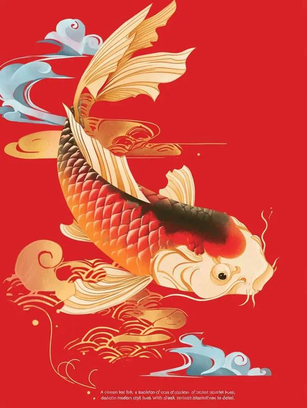 A red koi, with a red background, flat illustration, flat style, meticulous painting - style4部分