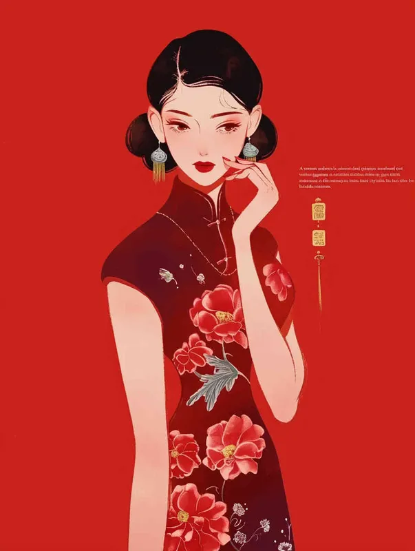 A woman wearing a red qipao with a red background, illustrated in a flat style with meticulous brushwork - style1部分