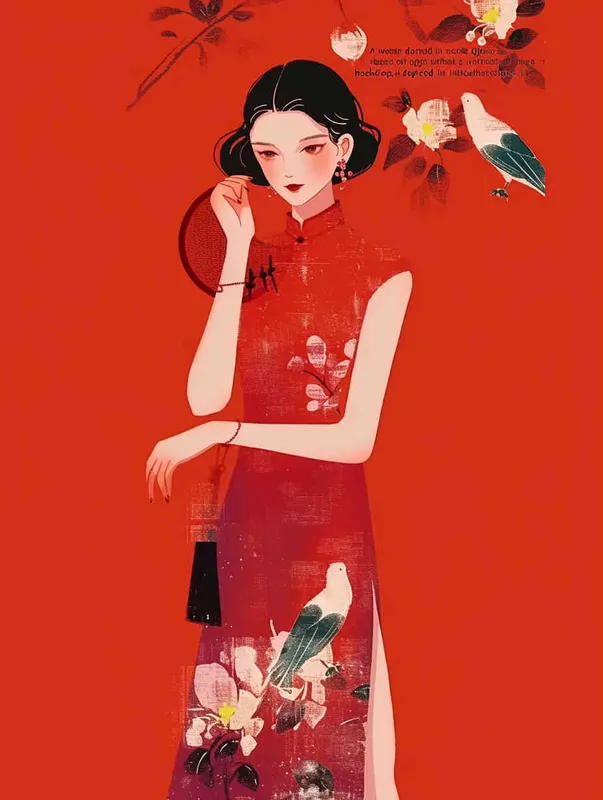 A woman wearing a red qipao with a red background, illustrated in a flat style with meticulous brushwork - style2部分