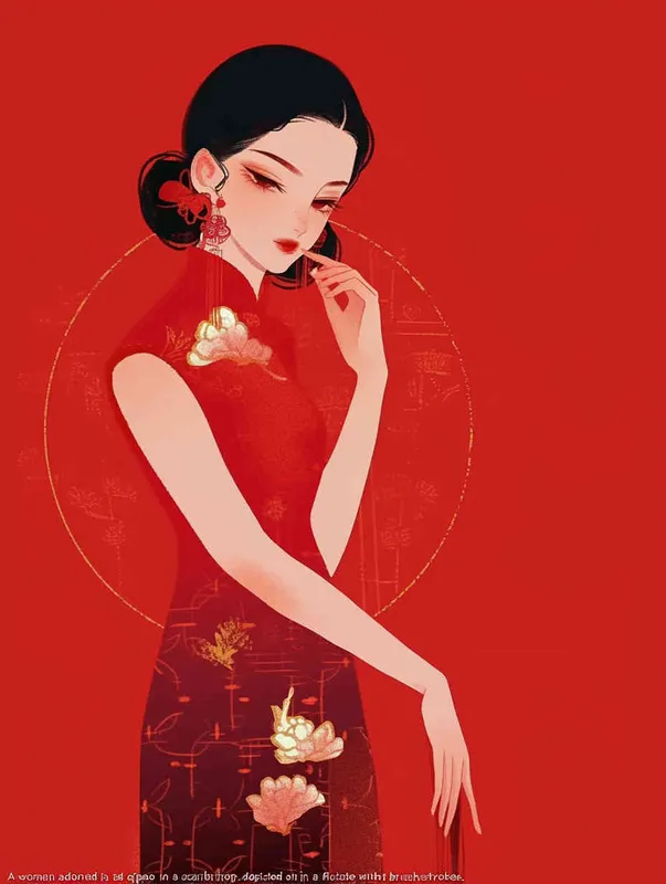 A woman wearing a red qipao with a red background, illustrated in a flat style with meticulous brushwork - style3部分