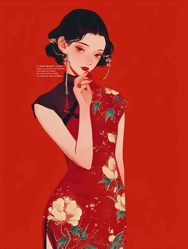 A woman wearing a red qipao with a red background, illustrated in a flat style with meticulous brushwork - style4部分