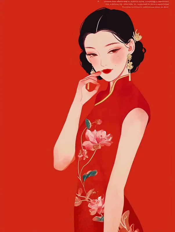 A woman wearing a red qipao and smiling, with a red background, flat illustration, flat style, meticulous painting - style3部分