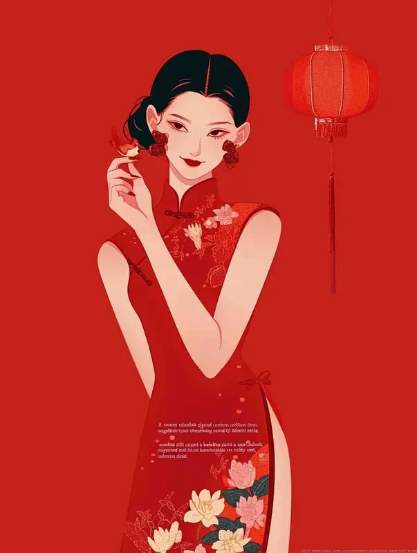 A woman wearing a red qipao and smiling, with a red background, flat illustration, flat style, meticulous painting - style4部分