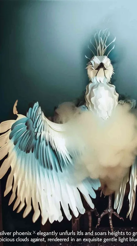 A silver phoenix spreads its wings and flies high, surrounded by white auspicious clouds, with a background of light blue ，lllustrated style - style1部分