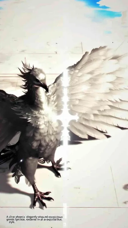 A silver phoenix spreads its wings and flies high, surrounded by white auspicious clouds, with a background of light blue ，lllustrated style - style3部分