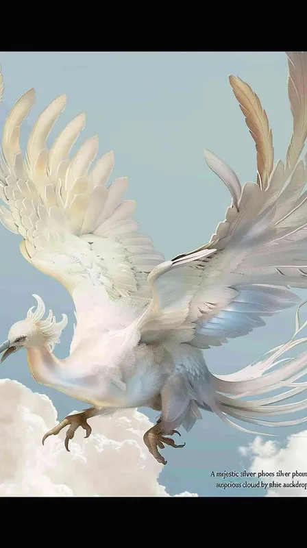 A silver phoenix spreads its wings and flies high, surrounded by white auspicious clouds, with a background of light blue ，lllustrated style - style1部分