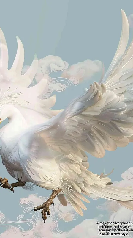 A silver phoenix spreads its wings and flies high, surrounded by white auspicious clouds, with a background of light blue ，lllustrated style - style2部分
