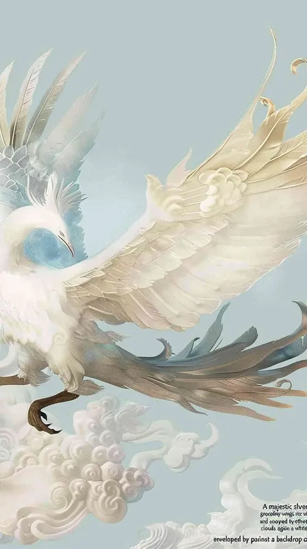 A silver phoenix spreads its wings and flies high, surrounded by white auspicious clouds, with a background of light blue ，lllustrated style - style3部分