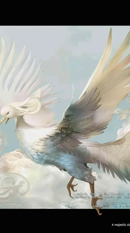A silver phoenix spreads its wings and flies high, surrounded by white auspicious clouds, with a background of light blue ，lllustrated style - style4部分