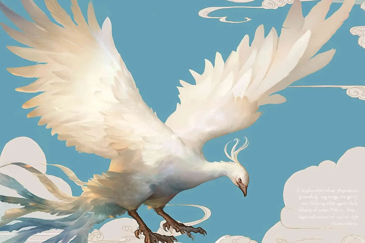 A silver phoenix spreads its wings and flies high, surrounded by white auspicious clouds, with a background of light blue ，lllustrated style - style1部分