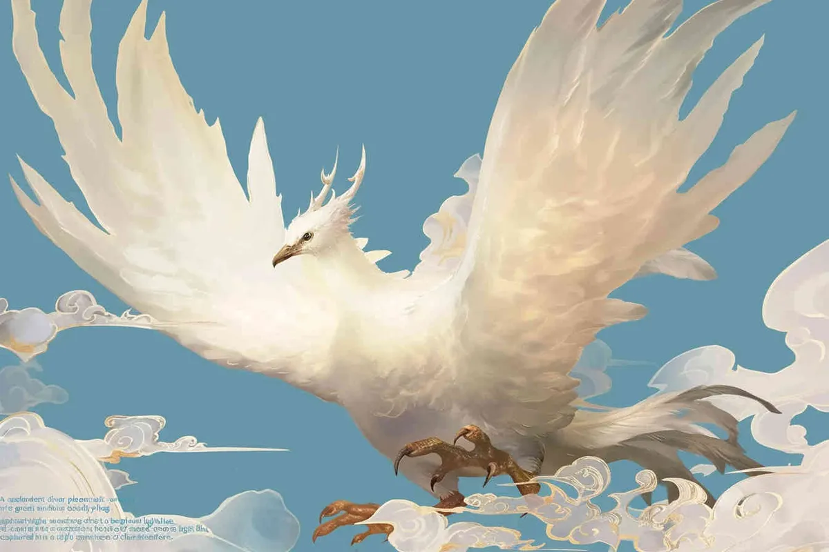 A silver phoenix spreads its wings and flies high, surrounded by white auspicious clouds, with a background of light blue ，lllustrated style - style3部分