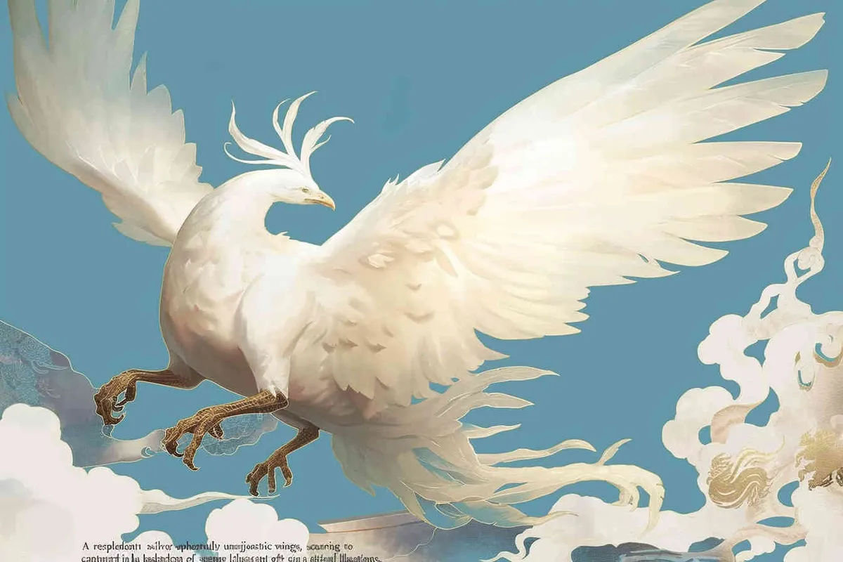 A silver phoenix spreads its wings and flies high, surrounded by white auspicious clouds, with a background of light blue ，lllustrated style - style4部分