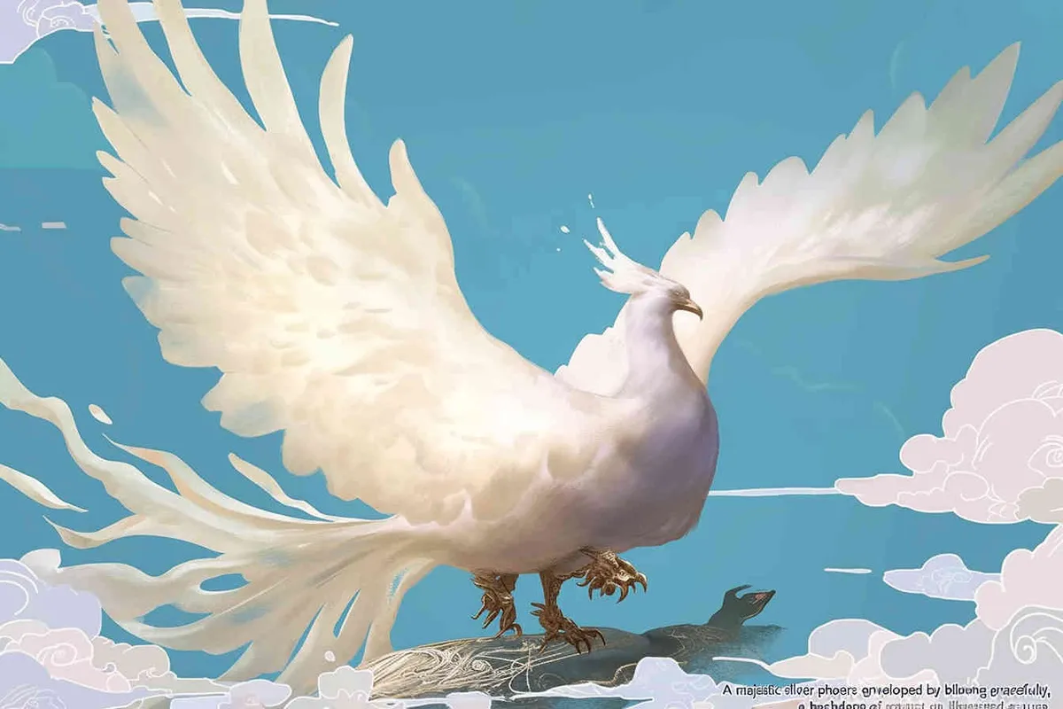 A silver phoenix spreads its wings and flies high, surrounded by white auspicious clouds, with a background of light blue ，lllustrated style - style1部分