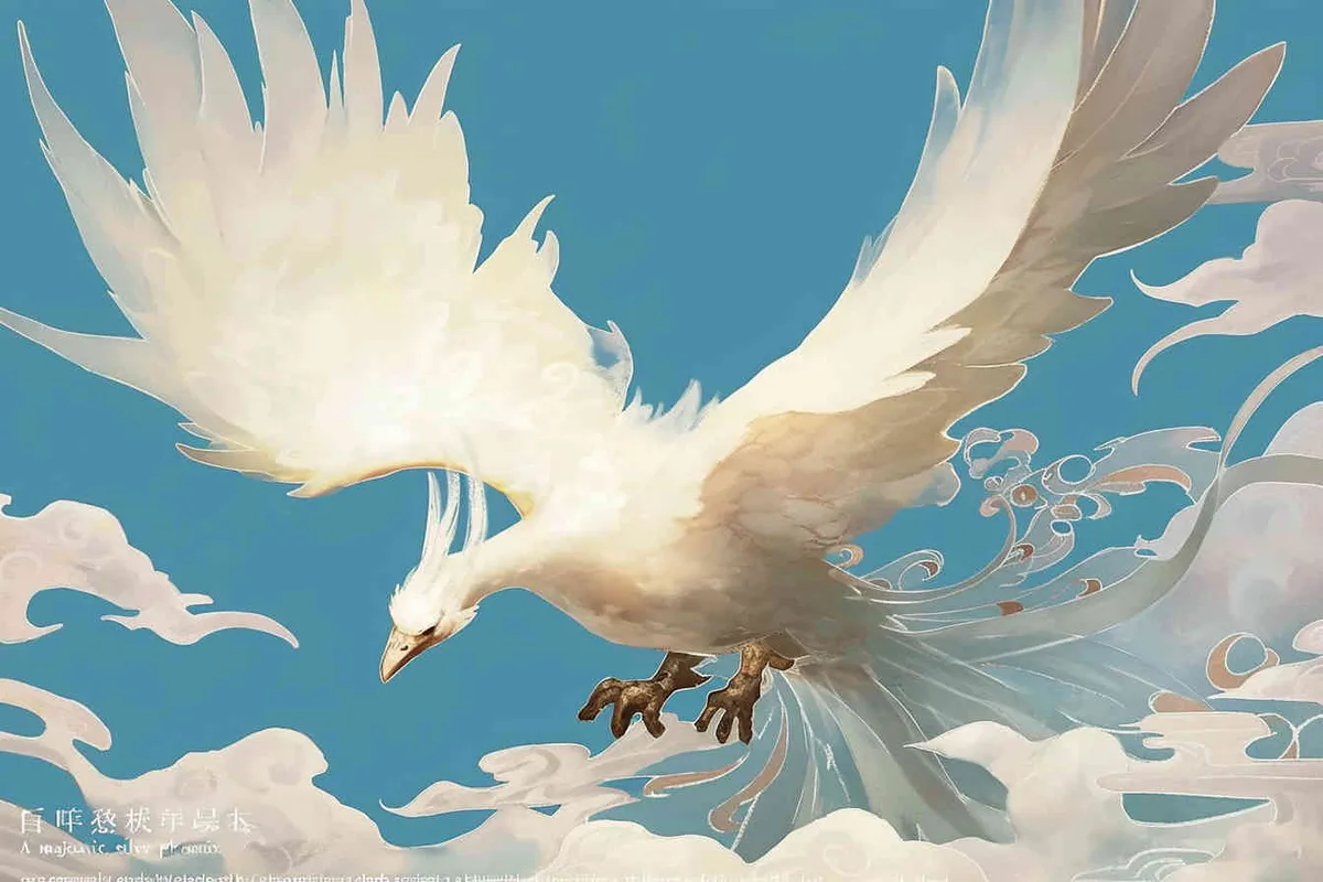 A silver phoenix spreads its wings and flies high, surrounded by white auspicious clouds, with a background of light blue ，lllustrated style - style2部分