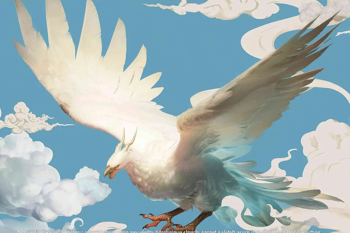 A silver phoenix spreads its wings and flies high, surrounded by white auspicious clouds, with a background of light blue ，lllustrated style - style3部分
