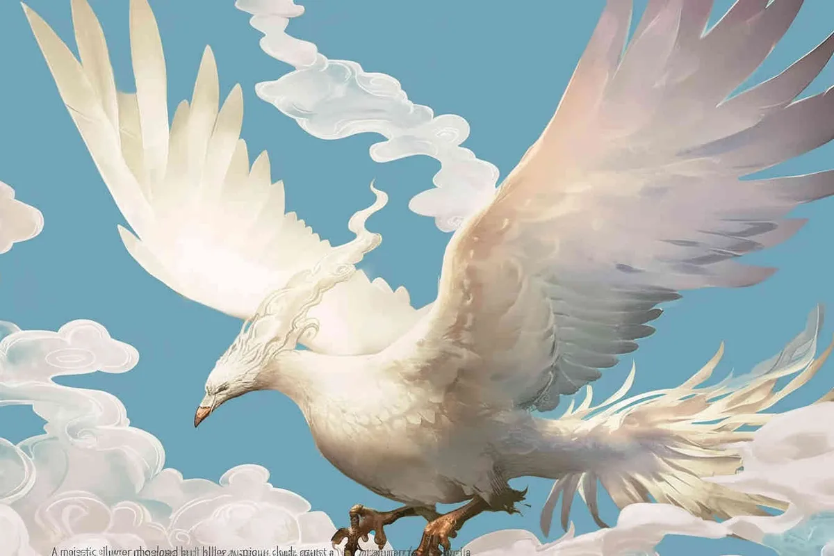 A silver phoenix spreads its wings and flies high, surrounded by white auspicious clouds, with a background of light blue ，lllustrated style - style4部分