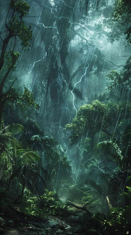 茂密的森林，空中闪电，暴雨，动物们表现出来很惊恐 – AI绘画作品展示 | Midjourney中文版生成