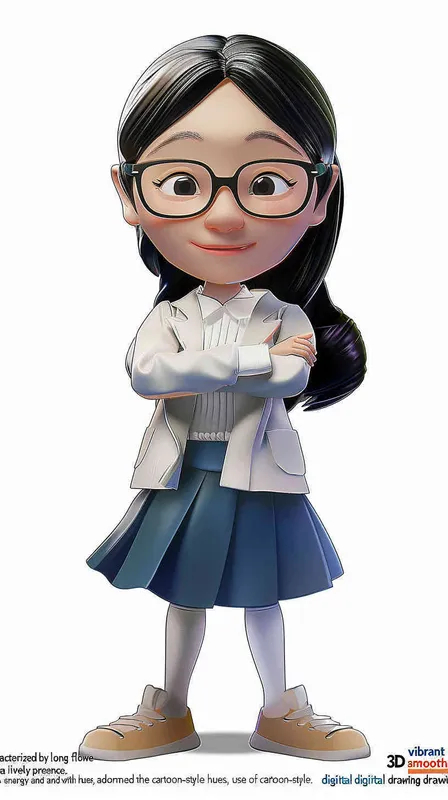 A 3D smooth manga style image of a female teacher, an Asian woman. He has long hair and doesn't wear glasses.The person should have an energetic appearance with vibrant colors. Use a cartoonstyle digital drawing technique in the style of Pixar to create a threedimensional effect. White background. High resolution - style2部分