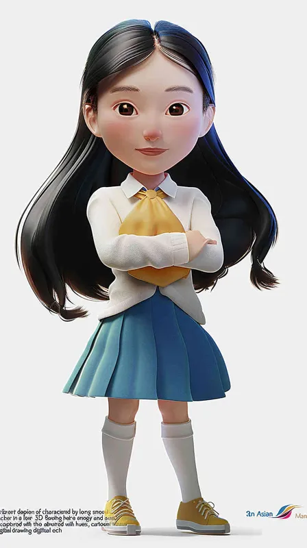A 3D smooth manga style image of a female teacher, an Asian woman. He has long hair and doesn't wear glasses.The person should have an energetic appearance with vibrant colors. Use a cartoonstyle digital drawing technique in the style of Pixar to create a threedimensional effect. White background. High resolution - style3部分