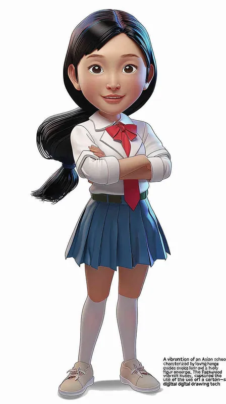 A 3D smooth manga style image of a female teacher, an Asian woman. He has long hair and doesn't wear glasses.The person should have an energetic appearance with vibrant colors. Use a cartoonstyle digital drawing technique in the style of Pixar to create a threedimensional effect. White background. High resolution - style4部分